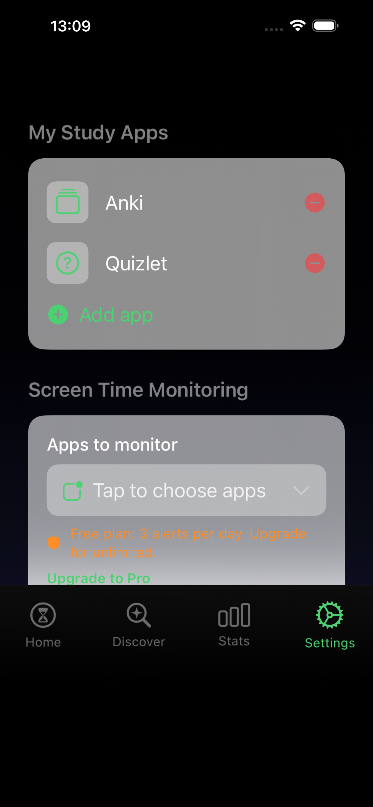 Settings — manage your study apps